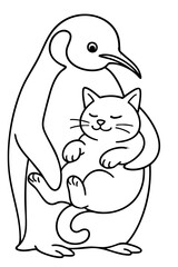 Penguin and Cat Cute Animal Doodle Line Art Illustration Pen Marker