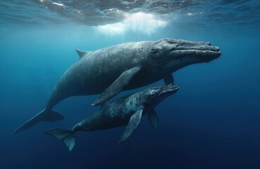 Fototapeta premium Humpback whale with calf swim together underwater. Marine mammals, aquatic life, sea ocean. Beautiful underwater view, blue ocean water with sunlight. Whales in natural habitat, marine conservation.