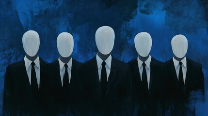 Five faceless figures in suits against a dark blue background.