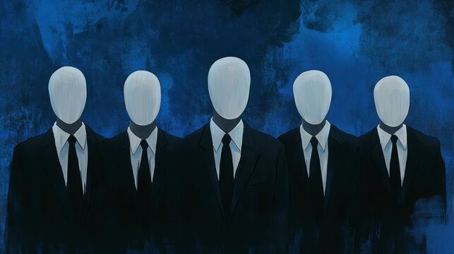 Five faceless figures in suits against a dark blue background.
