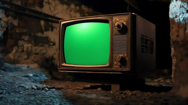 Old CRT TV with Static Green Screen in Grunge Room &ndash; Retro Horror Vibe Footage for Halloween or Vintage Edits