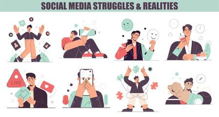 A set of eight flat-design illustrations depicting various "Social Media Struggles & Realities," including addiction, self-censorship, content creation challenges, and privacy concerns.