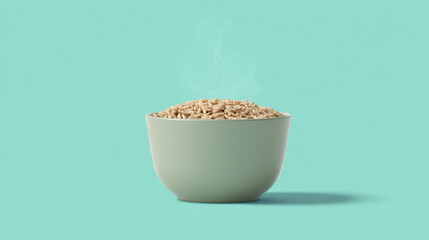 Steaming bowl of hot oatmeal on mint green background, minimal healthy breakfast concept for warm natural food design