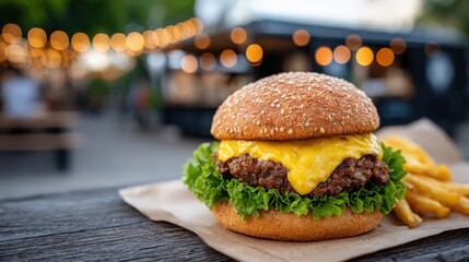 Mouthwatering cheeseburger with fresh lettuce and melted cheddar cheese against a blurred background of food truck lights creating a vibrant atmosphere perfect for casual dining experiences