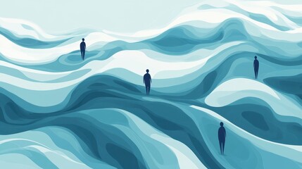Abstract illustration of four figures navigating a surreal, wavy landscape.