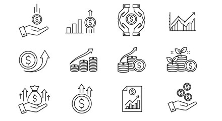 Collection of line art icons representing financial growth and investment concepts, wealth and profit increase on transparent background
