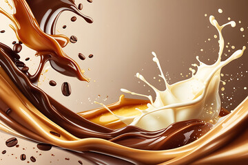 A rich and inviting background for a coffee-themed poster featuring creamy coffee milk and golden caramel.                    