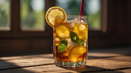 Refreshing cold cola drinks with ice and lemon slices