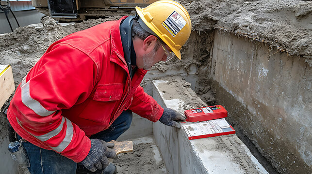 Construction Worker Measuring Foundation with Level Tool