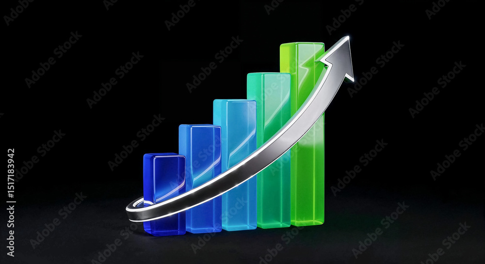 Poster growing bars chart with upward arrow symbolizing increasing business success on black background