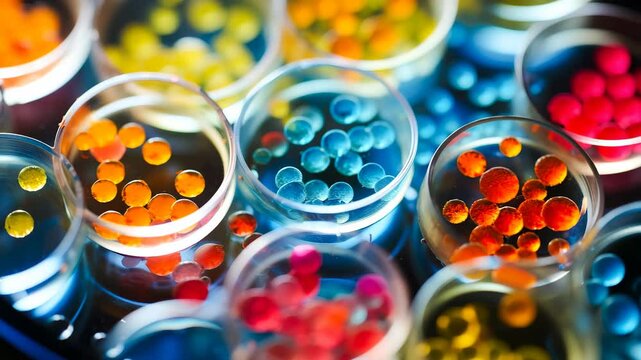 ペトリ皿に培養したカラフルな細菌のコロニーイメージ