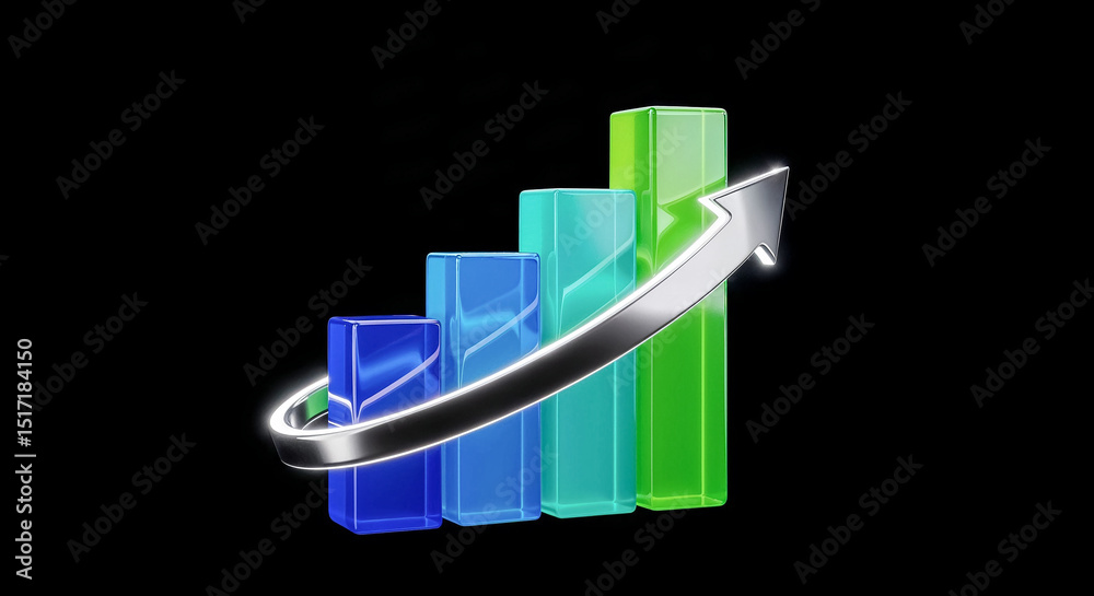 Poster growing bar graph with upward arrow symbolizing success on black background
