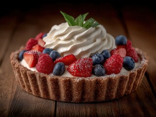 Delicious tart filled with creamy custard topped with fresh raspberries blueberries and whipped cream ideally presented on a rustic wooden table enhancing the dessert experience