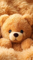 Adorable Light Brown Teddy Bear Resting on Soft Furry Blanket Cozy Plush Toy Perfect for Children's Room Decor