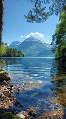 Serene Mountain Lake Crystal Clear Water and Majestic Peaks on a Sunny Day
