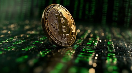 Close up of a Golden Bitcoin Cryptocurrency Coin Resting on a Digital Background