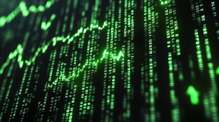 Dynamic Green Stock Market Data Graph Showing Growth and Decline Trends on Digital Screen