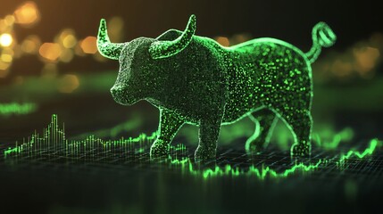 Green Bull Market Stock Symbol Walking Over a Financial Chart Digital Bull Represents Growth and Investment Success