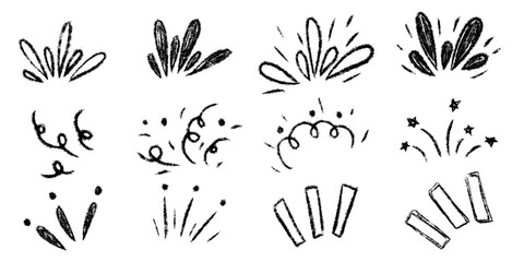 Burst ray confetti set. Chalk textured kids freehand starburst explosion Crayon hand drawn scribble shine spark. Pencil decorative emphasis exclamation collection. Sketch vector illustration isolated