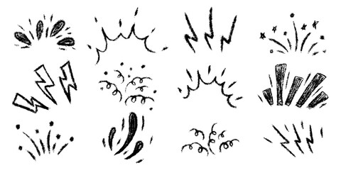Burst ray confetti set. Chalk textured freehand flash starburst explosion. Crayon hand drawn scribble shine spark firework. Pencil emphasis exclamation collection. Sketch vector illustration isolated.