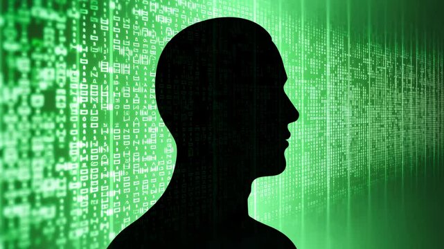 グリーンのプログラミング言語のようなデジタルイメージ背景に人物のシルエット
