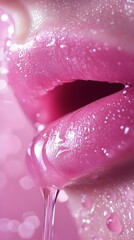 Close up of Pink Lips with Glossy Lip Balm and Water Droplets Sensual Beauty Shot