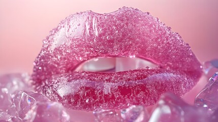 Fototapeta premium Close up shot of glistening pink lips covered in ice crystals perfect for beauty or cosmetic advertising