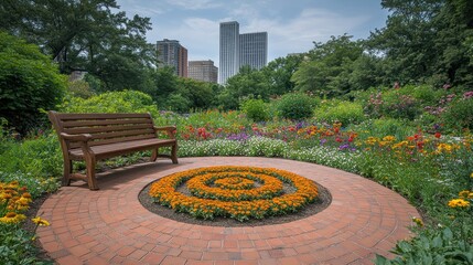Obraz premium Park garden with spiral flower bed and bench