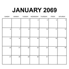 january 2069. monthly calendar design. week starts on Sunday. printable, editable, simple, and clean vector design isolated on white background.