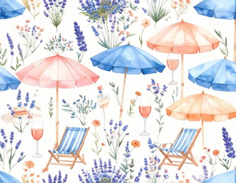 Colorful summer beach pattern featuring umbrellas, drinks, and floral elements in a serene setting