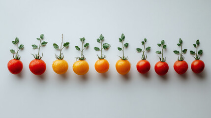 Line of cherry tomatoes with leaves on white background, fresh vegetable arrangement for organic farming or healthy food concept