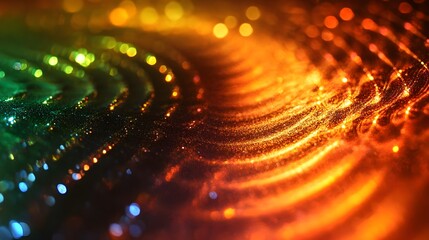 Abstract swirling golden and green glitter texture background with bokeh lights perfect for festive designs