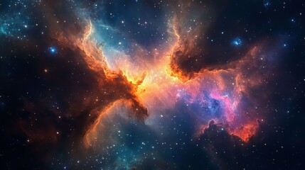Naklejka premium Vibrant Nebula in Deep Space Cosmic Clouds Stellar Background Orange Blue Hues