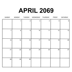 april 2069. monthly calendar design. week starts on Sunday. printable, editable, simple, and clean vector design isolated on white background.