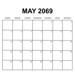 may 2069. monthly calendar design. week starts on Sunday. printable, editable, simple, and clean vector design isolated on white background.