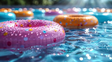 Colorful Donut Pool Floaties Floating in Sparkling Water Summer Fun