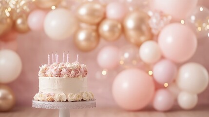 Two-layered pink rose decorated birthday cake with candles on a white cake stand against a background of pink, white and gold balloons.