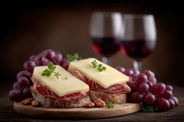 Delicious gourmet cheese sandwich topped with savory meats and fresh herbs served alongside vibrant red grapes accentuated by elegant wine glasses reflecting warmth and indulgence