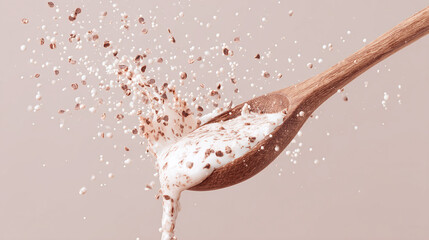 Wooden spoon with splashing cream and cocoa powder on neutral background, dynamic dairy concept for dessert or cooking visuals