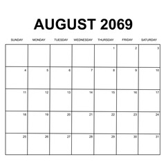 august 2069. monthly calendar design. week starts on Sunday. printable, editable, simple, and clean vector design isolated on white background.