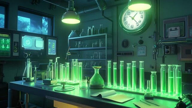 Illuminated scientific laboratory with equipment and glowing liquid filled beakers