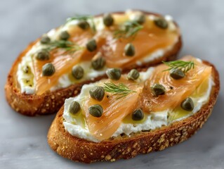 Delicious smoked salmon and cream cheese open-faced sandwich topped with capers and fresh dill on rustic bread inviting culinary indulgence for food lovers and gourmet enthusiasts