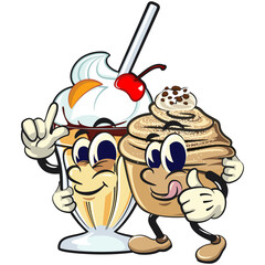 Cute cruffin cartoon mascot vector pose with aglass of milkshake character while giving a sign and giving a thumbs up sign, funny dessert character illustration isolated, work of hand drawn