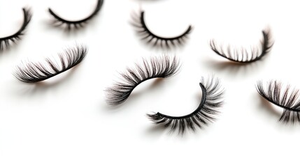 False eyelashes scattered on white background