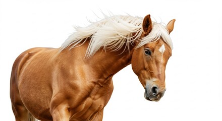 Obraz premium Majestic golden palomino horse powerfully stands against bright white background. AI Generated