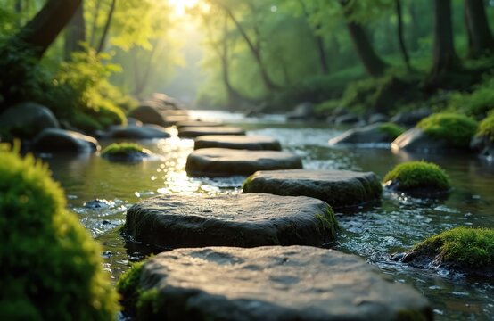 Stepping stones across serene river towards lush green forest, sunlight. Journey, success, growth, challenge. Peaceful, calm nature, progression, achievement, landscape, environment.