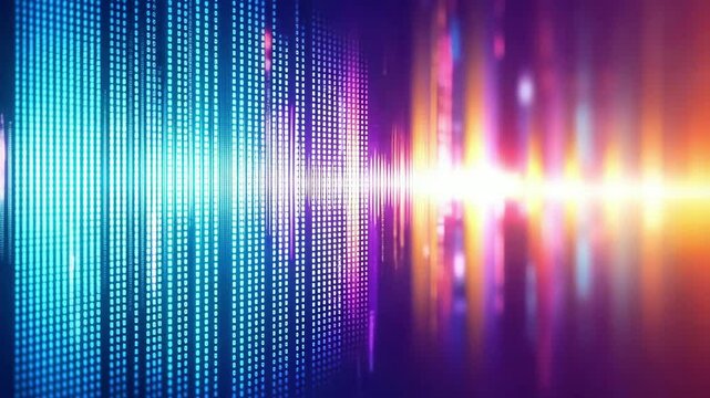 Colorful abstract digital background with glowing lights and binary code patterns for technology themes