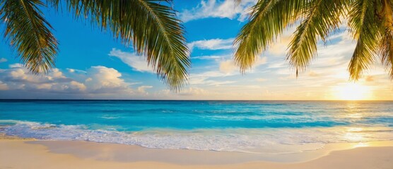 Serene Tropical Beach at Sunset with Palm Trees and Clear Blue Ocean Water Under Bright Sky