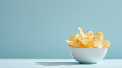 White bowl with golden potato chips on light blue background, minimal snack food composition for fast food or modern product styling