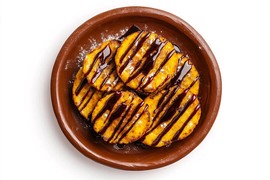 A photorealistic top-down view of a Peruvian picarones